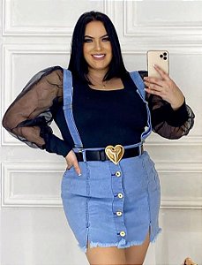 jardineira jeans plus size saia