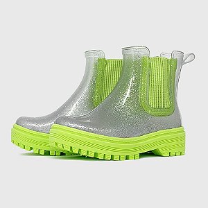 Coturno KidSplash! Jelly Glitter Prata/ Verde Lima