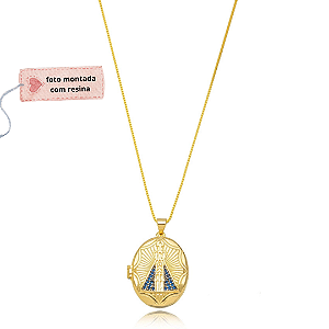 Colar relicário Virgínia medalha Nossa Senhora Aparecida semijoia banhado ouro 18k