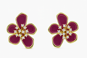 Brinco flor com reina pink e zircônia cristal