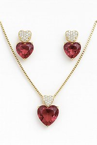 Conjunto dois corações pedra vermelha rubi