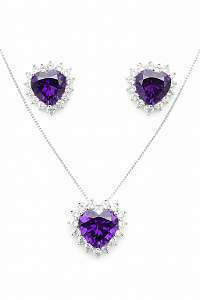 Conjunto coração pedra roxa com zircônia nas laterais