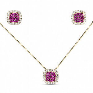 Conjunto quadrado cravejado em zircônia rosa pink