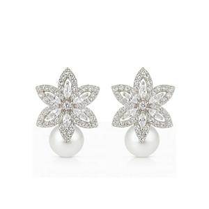 Brinco flor com pérola shell pedras zircônia cristal banhado a prata - noivas casamento