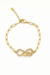 Pulseira infinito com coração love cravejada em zircônia cristal banhada a ouro 18k dourado