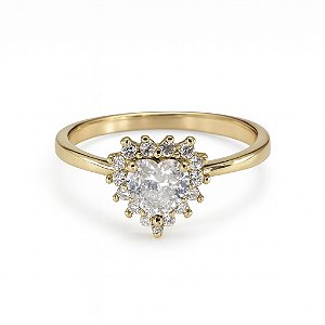 Anel coração pedra cristal transparente banhado a ouro 18k dourado