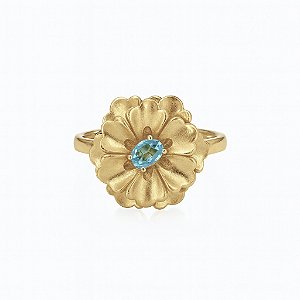 Anel flor lisa com pedra verde turmalina banhado a ouro 18k dourado