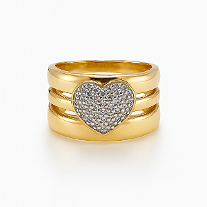 Anel coração 3 em 1 com pedra zircônia cristal transparente banhado a ouro 18k dourado
