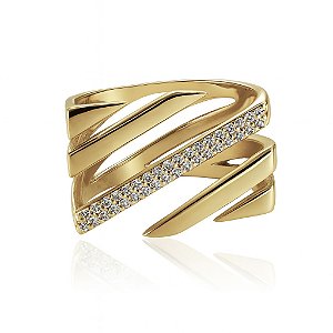 Anel placa vazado com cravação em zircônia ia banhado a ouro 18k dourado