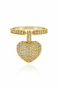 Anel com coração de pingente cravejado em zircônia cristal transparente banhado a ouro 18k amarelo