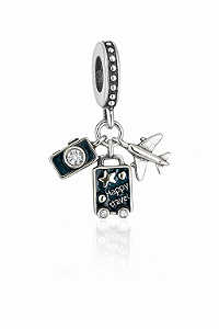 Berloque viagem mala avião e câmera fotográfica prata 925