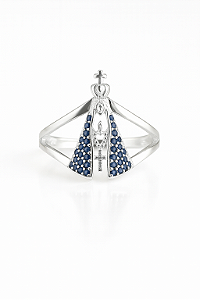 Anel Nossa Senhora Aparecida zircônia azul Safira prata 925