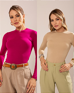 Kit 2 Blusas Manga Longa Feminina Modal Bege e Rosa Fúcsia