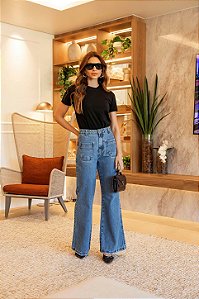 Calça Jeans Wide Leg Bolso Frontal