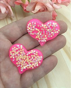 Aplique de Coração de Estrelinhas - Rosa Pink - 2 unidades