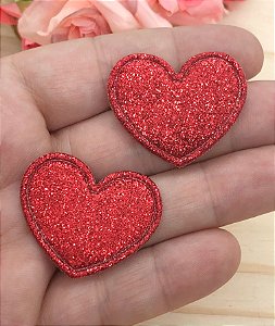 Aplique de Coração com Glitter Fino - Vermelho - 2 unidades