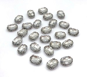 Pedra Oval Cristal com Garra Prata - Transparente - 10x14mm - 5 unidades