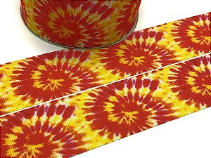 Fita de Gorgurão Estampada - Tie Dye Arco Vermelha e Amarelo - Artfitas - 38mm