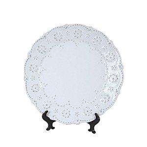 SOUSPLAT REDONDO EM CERAMICA BRANCA LINHA RENDADA PROVENCE 33,5 CM MESA POSTA