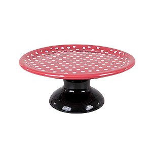 SUPORTE PARA BOLO LINHA POÁ EM CERÂMICA VERMELHA ESTAMPADA E BASE PRETA 30,5 CM MESA POSTA FESTAS
