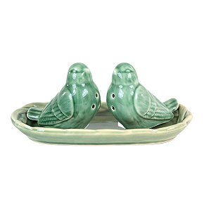 CONJUNTO SALEIRO E PIMENTEIRA PÁSSAROS EM CERAMICA VERDE LALA 8 X 4 X 6,5 CM MESA POSTA UTILIDADE