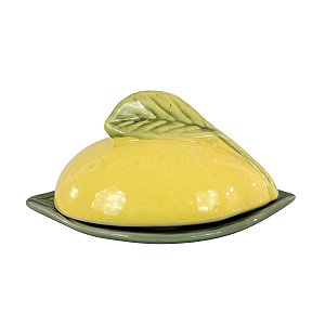 MANTEIGUEIRA LIMÃO SICILIANO EM CERAMICA AMARELA E VERDE 18 X 15,5 X 10 CM MESA POSTA CAFÉ DA MANHÃ