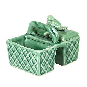 PORTA ADOÇANTE DUPLO COM ALÇA E TAMPA EM CERAMICA VERDE LALA 12 X 9 X 8,5 CM MESA POSTA CAFÉ DA MANHÃ