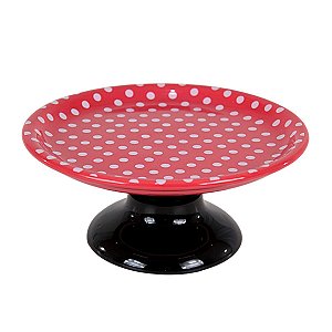 SUPORTE PARA BOLO LINHA POÁ EM CERÂMICA VERMELHA ESTAMPADA E BASE PRETA 25,5 CM MESA POSTA FESTAS