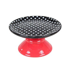 SUPORTE PARA BOLO LINHA POÁ EM CERÂMICA PRETO ESTAMPADA E BASE VERMELHA 18 CM MESA POSTA FESTAS