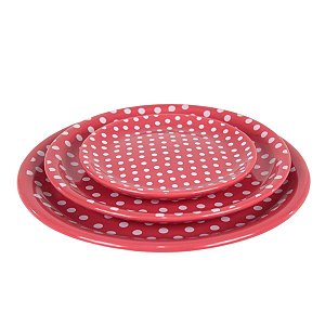PRATO EM CERAMICA LINHA POÁ VERMELHO ESTAMPA BOLAS BRANCAS MESA POSTA 3 VARIEDADES