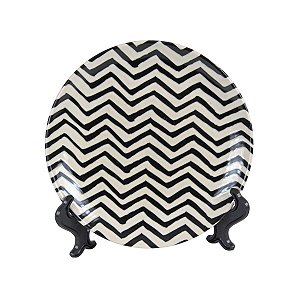 KIT 2 PRATOS DE SOBREMESA LINHA CHEVRON EM CERÂMICA BEGE E PRETO 20,5 CM MESA POSTA