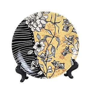 KIT 2 PRATOS DE SOBREMESA LINHA NOUVEAU EM CERAMICA ESTAMPA PRETO AMARELO FLORAL 20 CM MESA POSTA