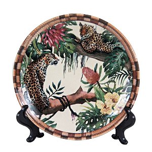 KIT 2 PRATOS DE SOBREMESA LINHA PANTANAL EM CERAMICA ESTAMPA ONÇAS E FLORES 20 CM MESA POSTA