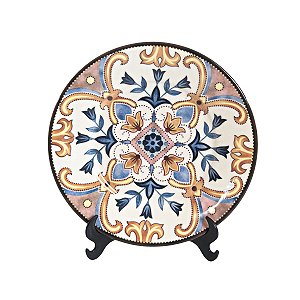 KIT 2 PRATOS DE SOBREMESA LINHA MÔNACO ESMIRNA EM CERAMICA BEGE E AZUL 20,5 CM MESA POSTA