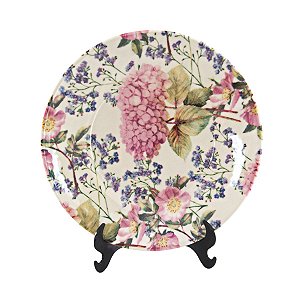 KIT 2 PRATOS DE SOBREMESA LINHA MONACO HORTENSIA EM CERAMICA BEGE FLORAL 20,5 CM MESA POSTA