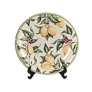 KIT 2 PRATOS DE SOBREMESA LINHA MONACO LIMONE EM CERAMICA BRANCA ESTAMPA LIMÕES 20,5 CM MESA POSTA