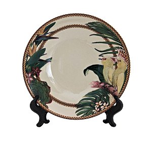 KIT 2 PRATOS FUNDOS LINHA AMAZÔNIA EM CERAMICA ESTAMPA BEGE PÁSSAROS 21,5 CM MESA POSTA