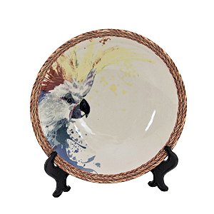 KIT 2 PRATOS FUNDOS LINHA PARROTS EM CERAMICA BEGE CACATUA 21,3 CM MESA POSTA