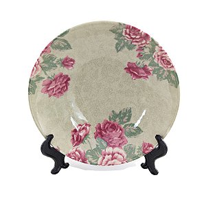 KIT 2 PRATOS FUNDOS LINHA ROSE GARDEN EM CERAMICA BEGE E ROSA 21,3 CM MESA POSTA
