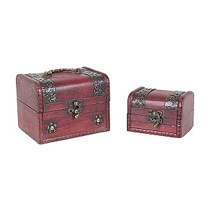 CONJUNTO DE 2 CAIXAS BAÚ DECORATIVAS EM MADEIRA MARROM DECORAÇÃO UTILIDADE PRESENTE