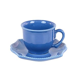 KIT 2 XÍCARAS DE CHÁ LINHA MADELEINE EM CERÂMICA AZUL 200 ML MESA POSTA