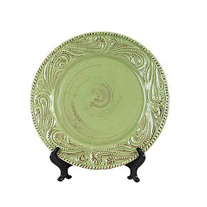 KIT 2 PRATOS RASOS LINHA RAVELO EM CERAMICA VERDE ABACATE BORDA TRABALHADA 28 CM MESA POSTA