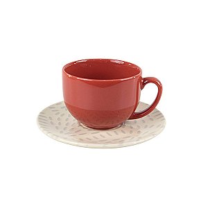 JOGO 2 XÍCARAS DE CHÁ COUP IKEBANA EM CERÂMICA TELHA COM PIRES ESTAMPADO 200 ML MESA POSTA CHÁ E CAFÉ