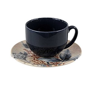 JOGO 2 XÍCARAS DE CHÁ COUP BLOEMEN EM CERÂMICA AZUL COM PIRES ESTAMPADO 200 ML MESA POSTA CHÁ E CAFÉ