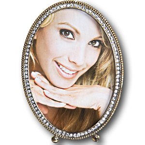 PORTA RETRATO DE METAL OVAL DOURADO COM STRASS 19 X 14 X 1 CM PARA FOTOS 13 X 18 CM