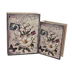 KIT CAIXA LIVRO DE MADEIRA DECORATIVO COM ESTAMPA TECIDO FLOR