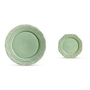 KIT 2 PRATOS EM CERAMICA VERDE MODELOS RASO E SOBREMESA MESA POSTA