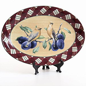 TRAVESSA OVAL EM CERAMICA ESTAMPA AMARELA E MARROM PASSAROS 43 X 30,5 X 4,5 CM MESA POSTA