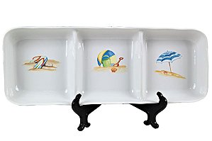 TRAVESSA RETANGULAR EM CERAMICA ESMALTADA 3 COMPARTIMENTOS ESTAMPA PRAIA 32 X 13,5 X 4 CM MESA POSTA