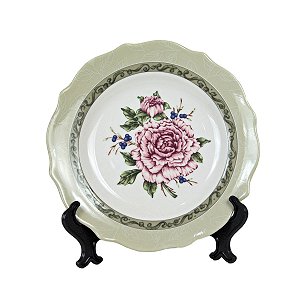 KIT 2 PRATOS DE SALADA EM CERAMICA VERDE E BRANCO FLOR ROSA 3 X 22,5 CM MESA POSTA